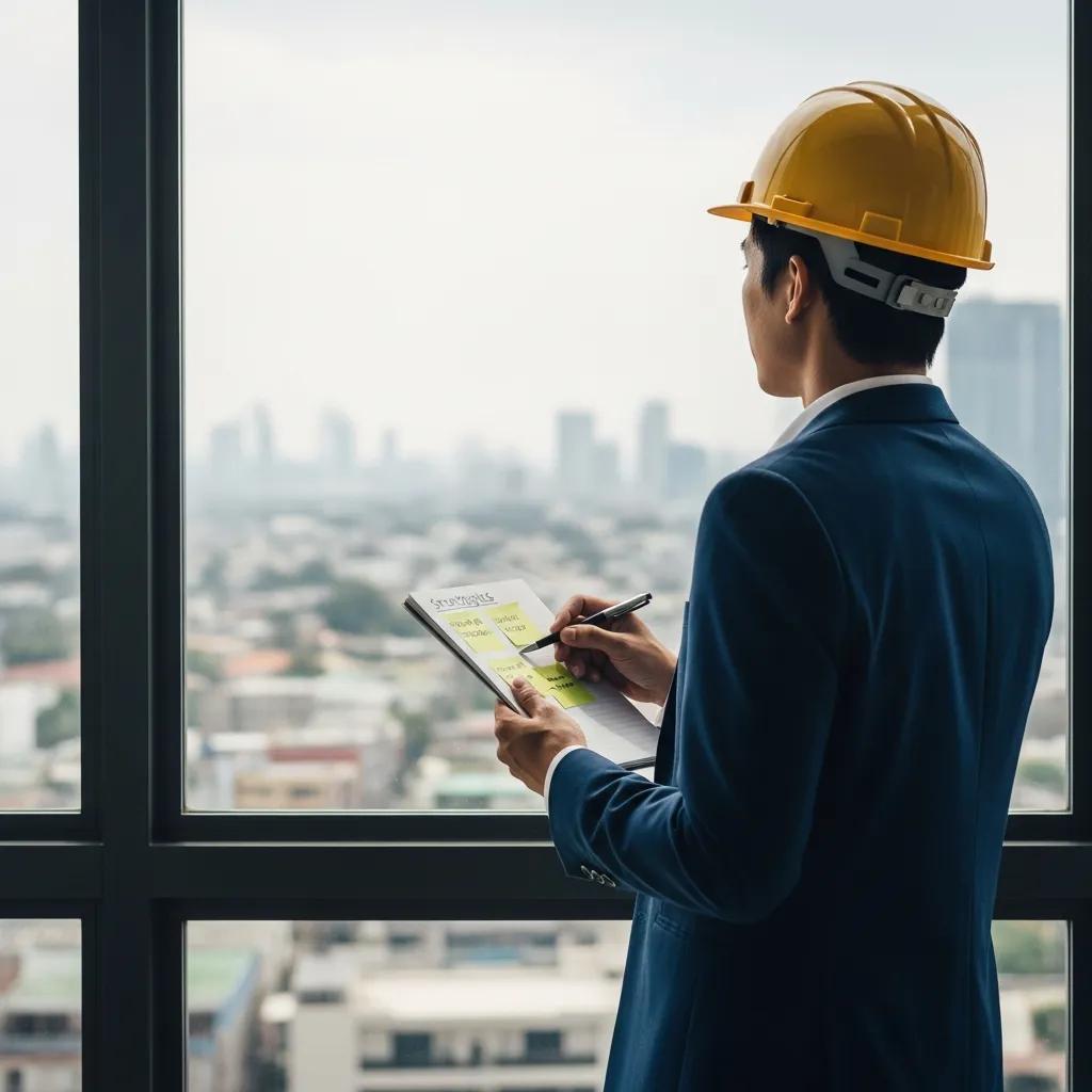 Individual contemplating strategic thinking techniques with a city view in the background