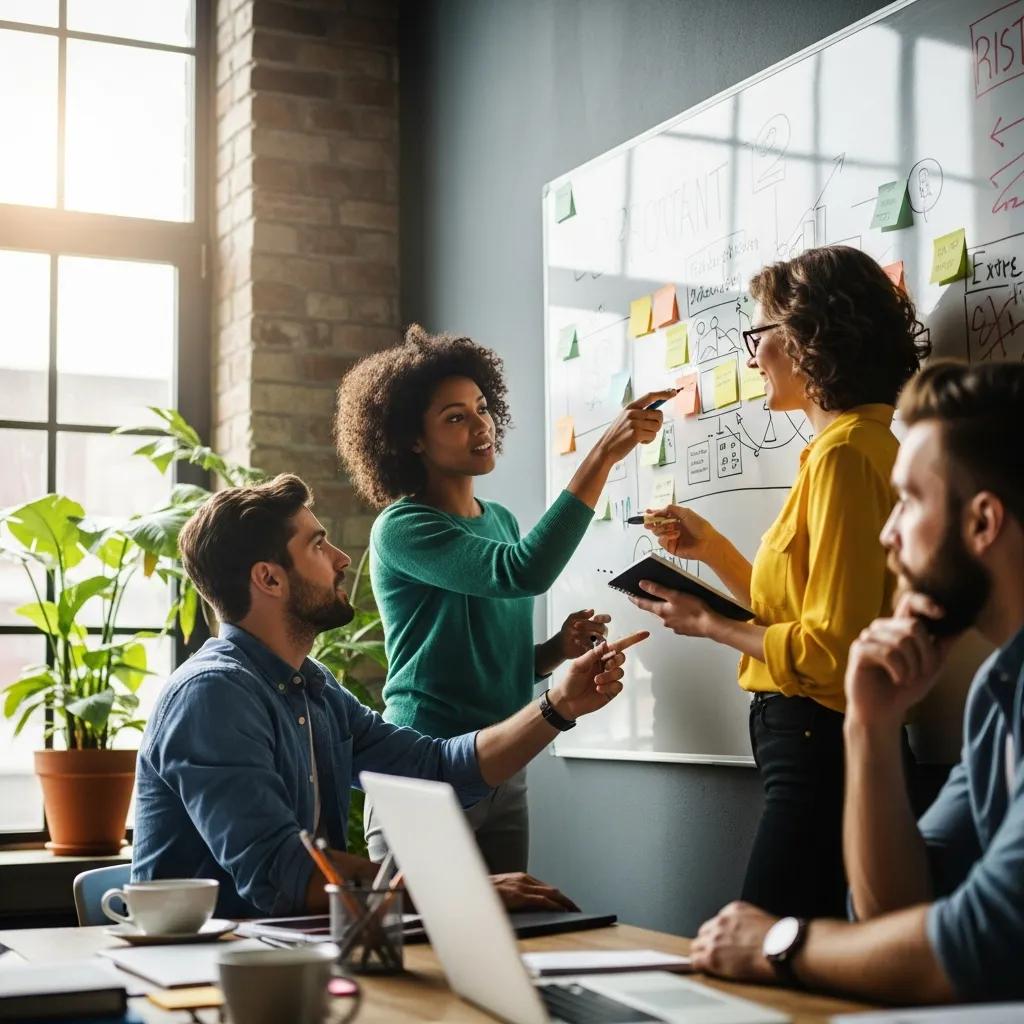 Young professionals engaged in creative problem solving during a brainstorming session